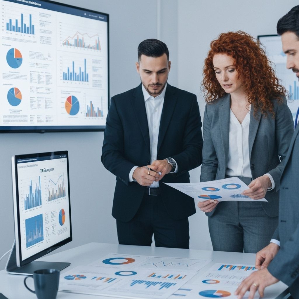 Canadian business professionals reviewing ITB obligations documentation with charts and graphs